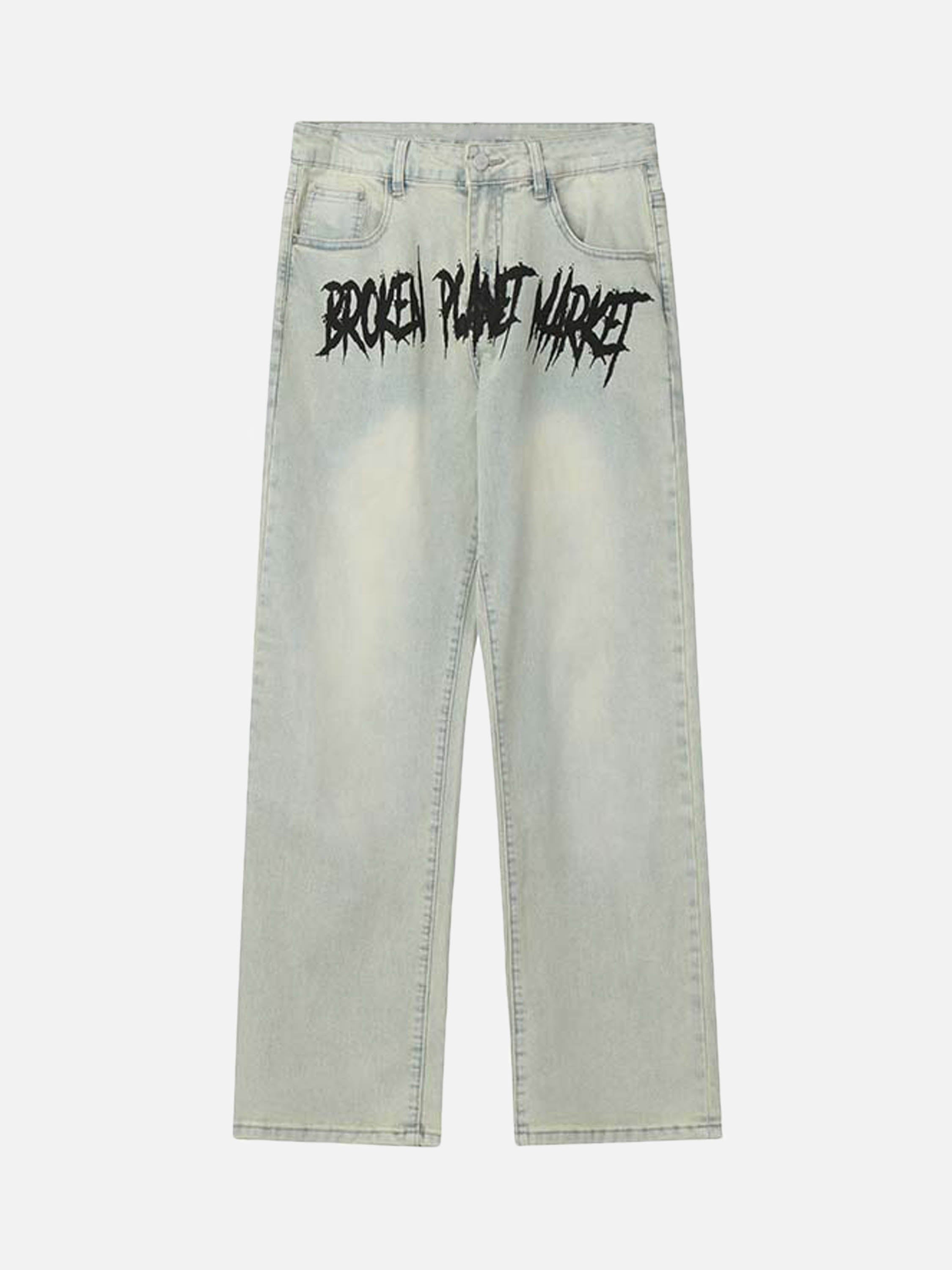 Vintage Washed Letter Print Jeans Straight Leg-xxchiefs