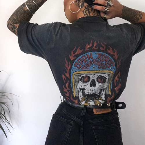 Flame skull retro print casual t-shirt-xxchiefs