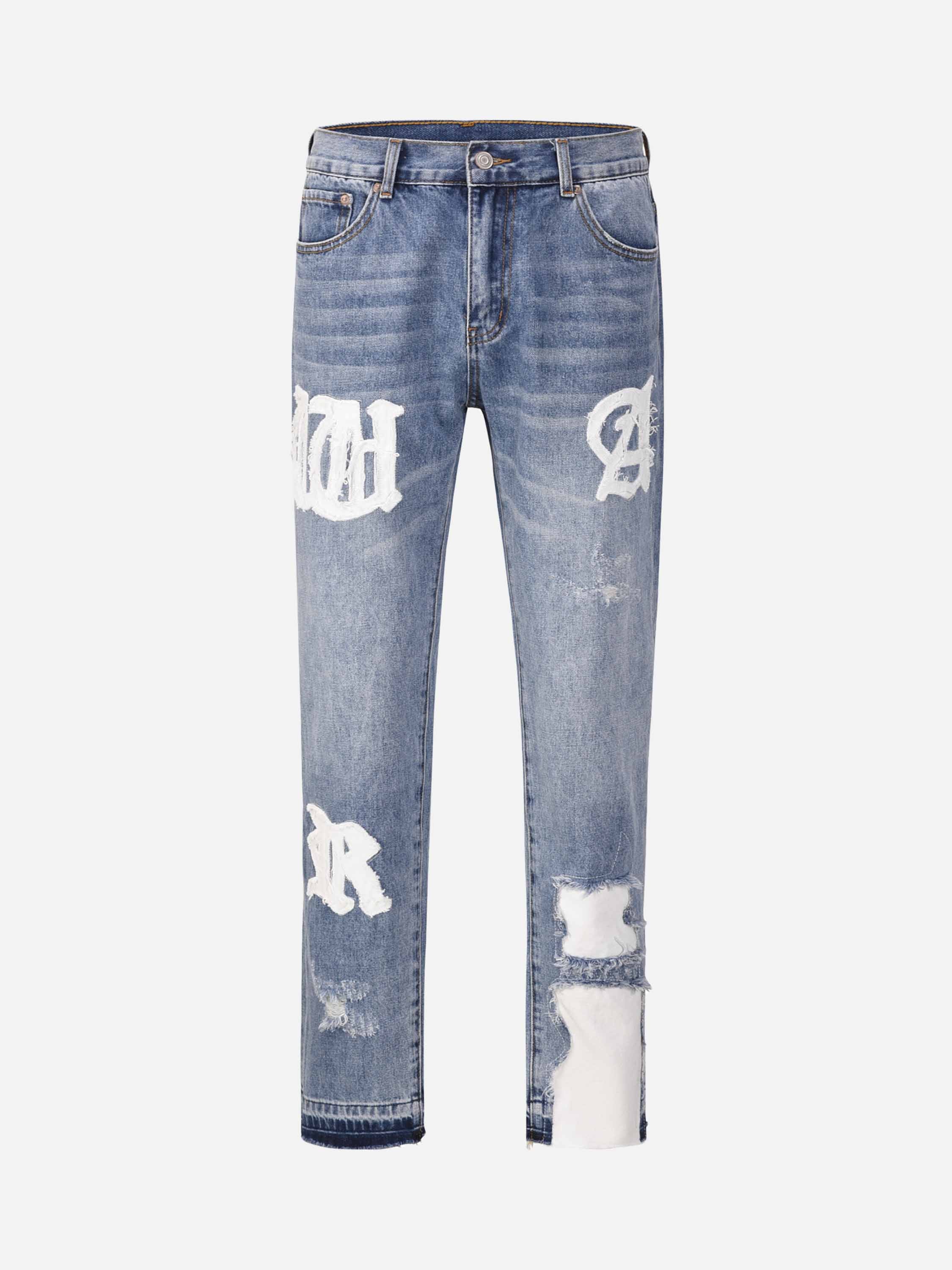 High Street Letters Patchwork Print Frayed Jeans Straight Pants-xxchiefs