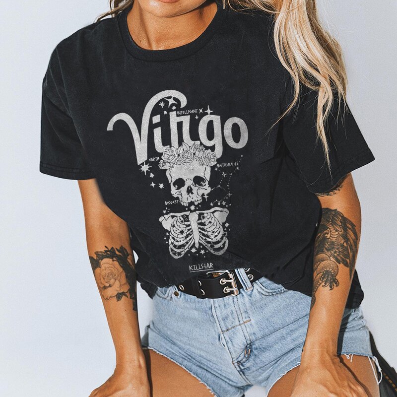 Virgo skull with flower printed designer casual T-shirt-xxchiefs