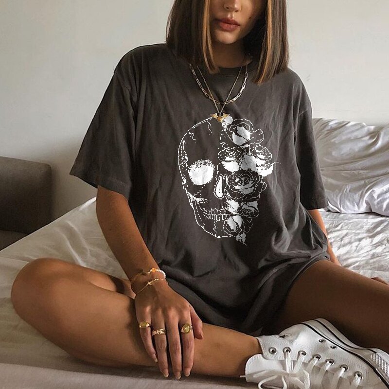 Skull head rose print women's fashion T-shirt-xxchiefs