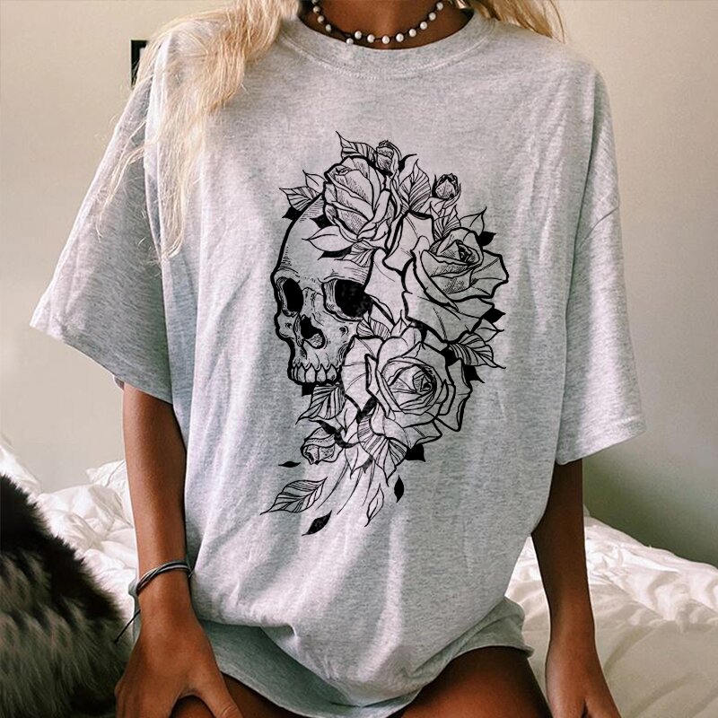 Skull rose print casual loose T-shirt designer-xxchiefs