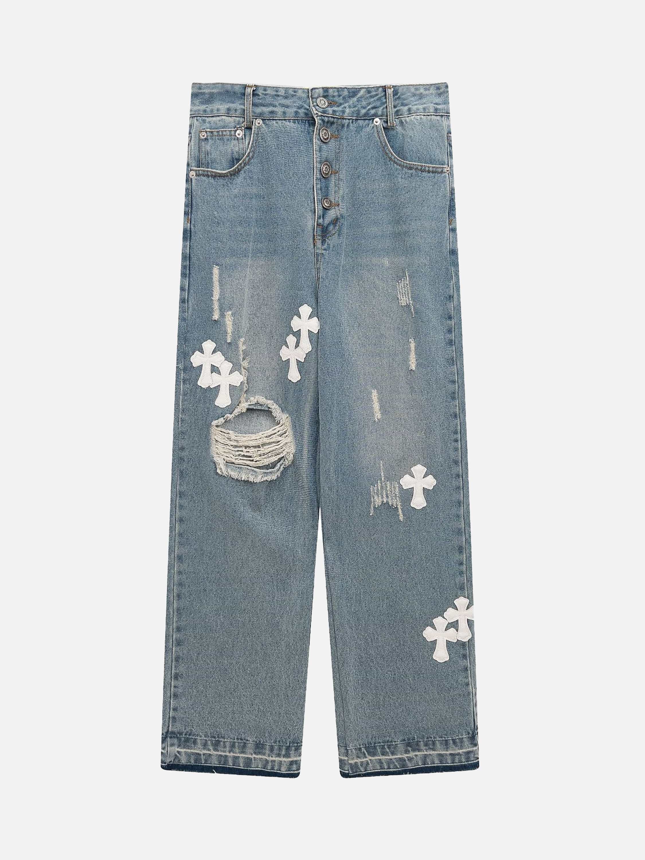 American Style Trendy Torn Cross Embroidered Loose Straight Jeans-xxchiefs