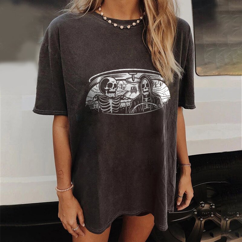Driving skull print casual t-shirt-xxchiefs