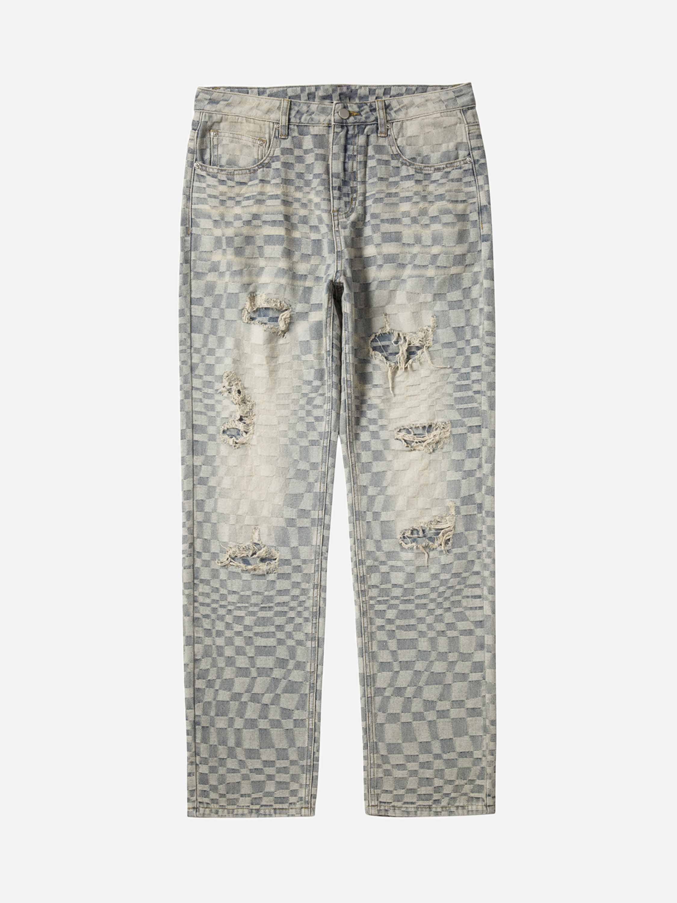 American Style Old Vintage Checked Square Hole Jeans Loose Straight Pants-xxchiefs