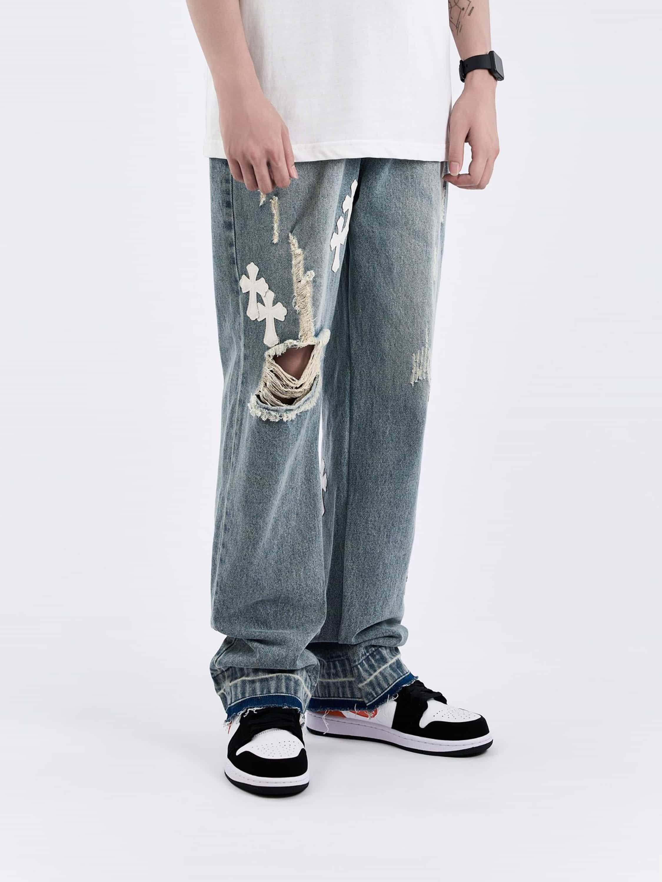American Style Trendy Torn Cross Embroidered Loose Straight Jeans-xxchiefs