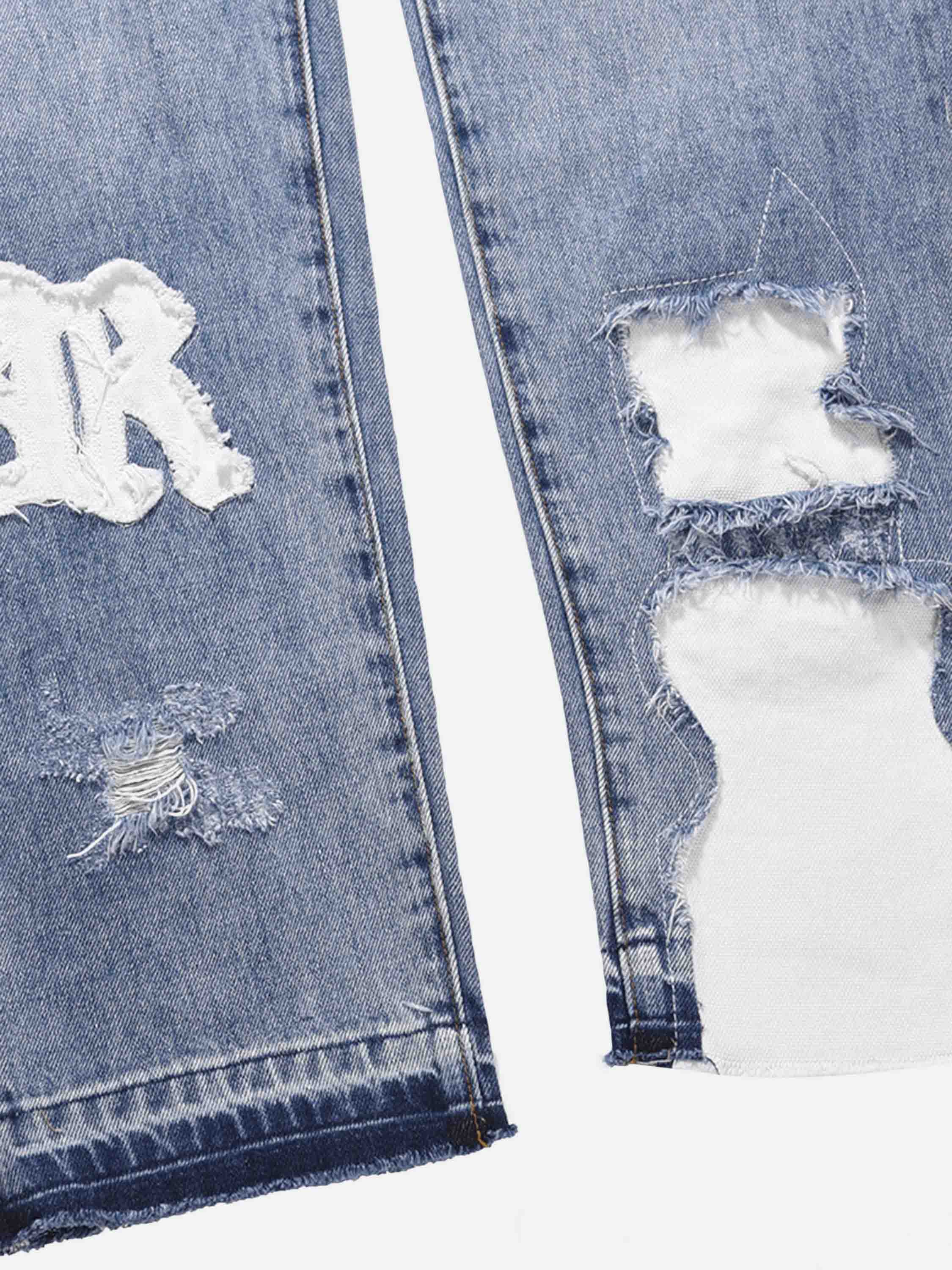 High Street Letters Patchwork Print Frayed Jeans Straight Pants-xxchiefs