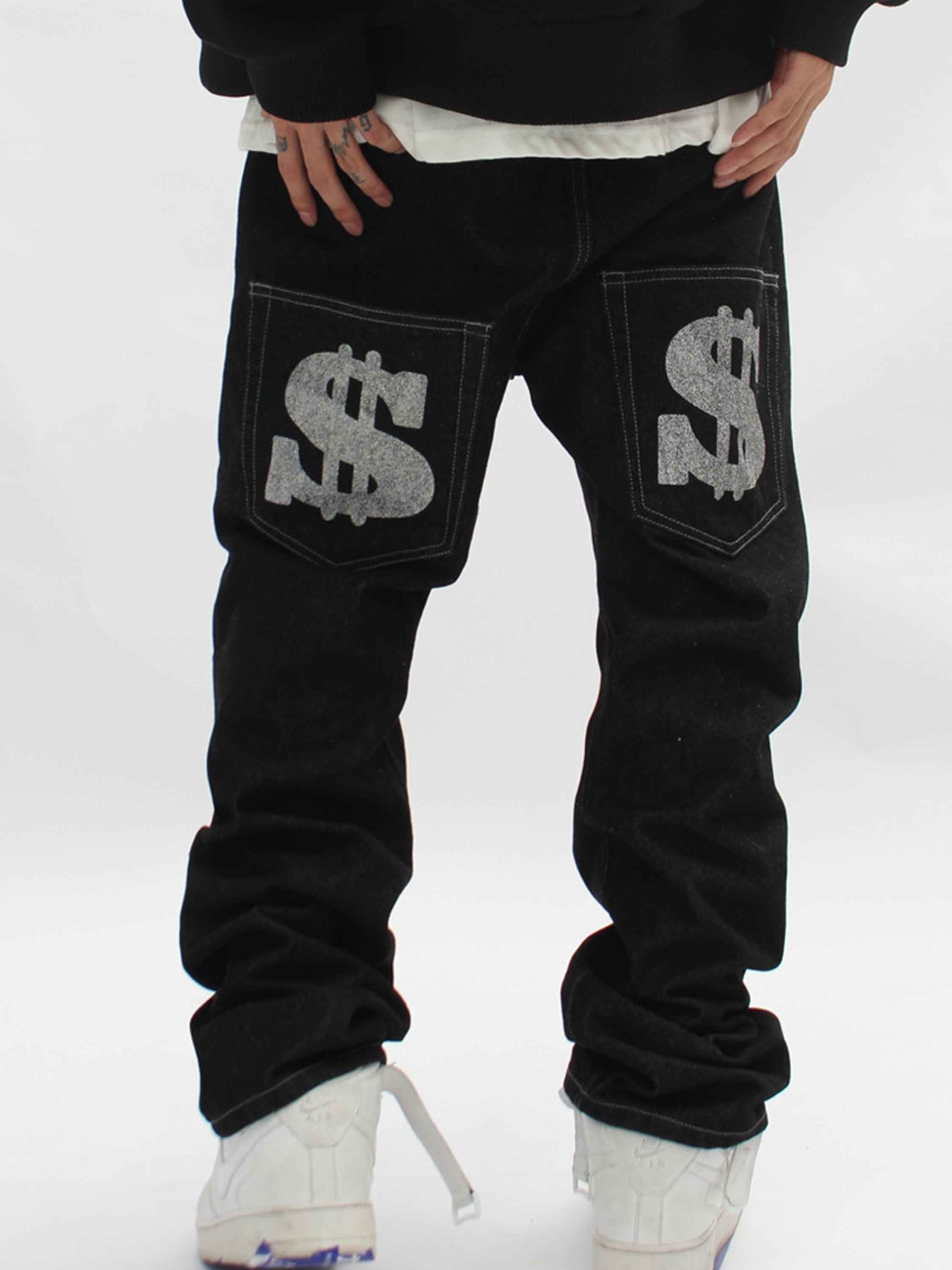 Letter Print Dollar Sign Detail Jeans-xxchiefs