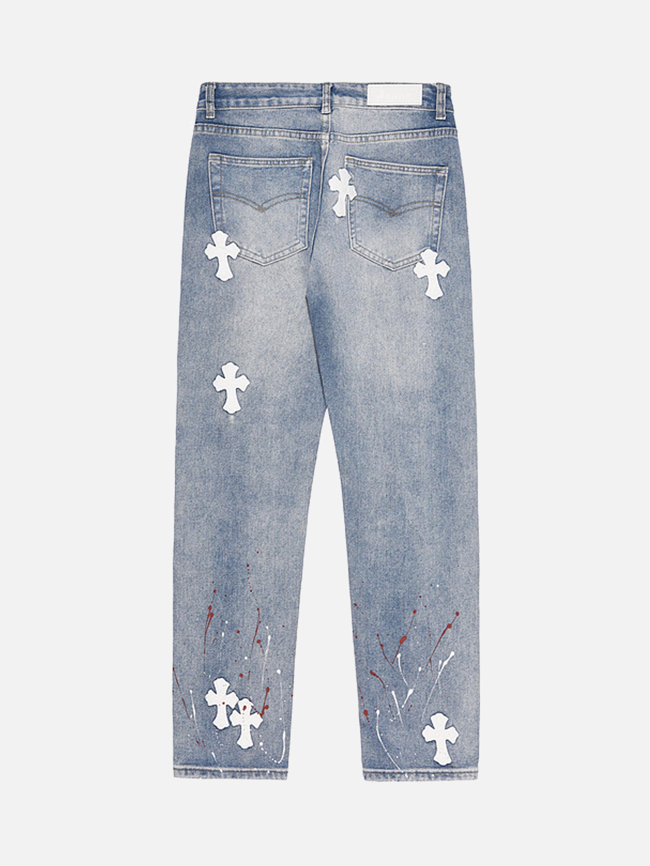 High Street Cross Hole Splash Ink Straight Loose-fitting Jeans-xxchiefs