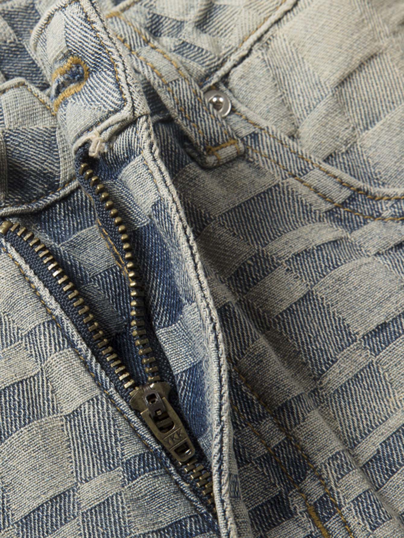American Style Old Vintage Checked Square Hole Jeans Loose Straight Pants-xxchiefs