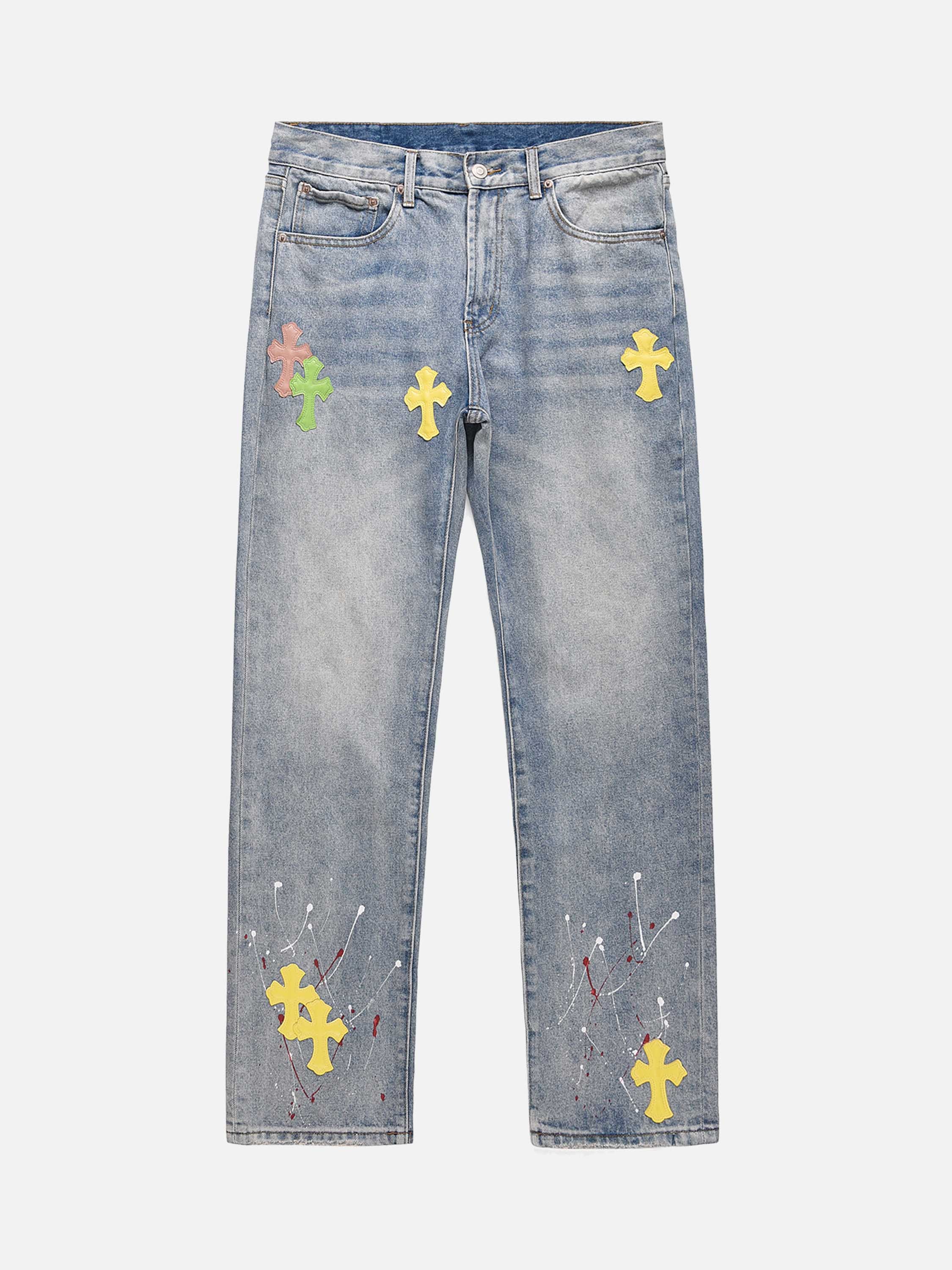 Splashed Ink Cross Embroidery Jeans-xxchiefs