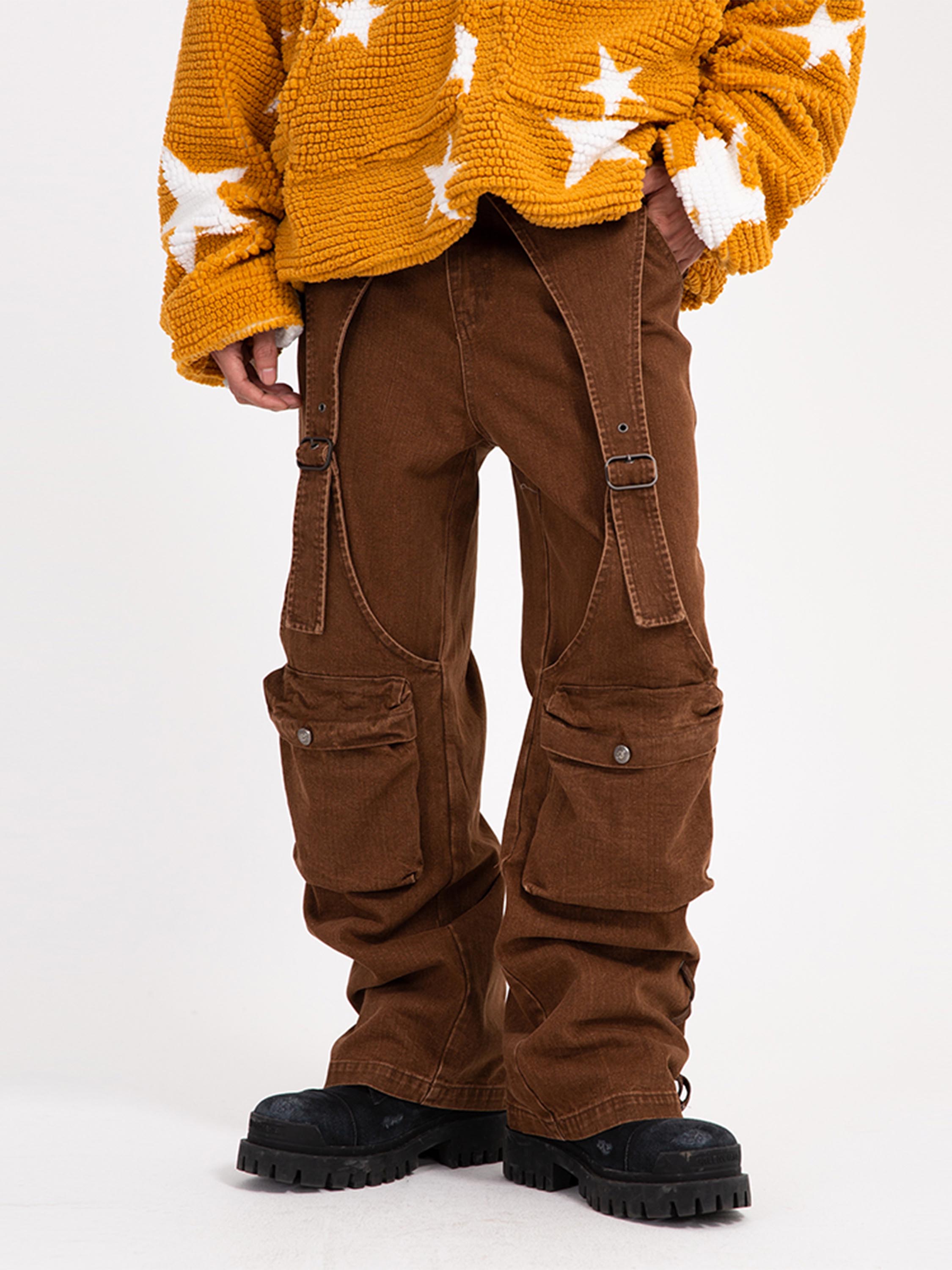 Design Sense Multi-pocket Work Pants Pants Leg Drawstring Wide Leg Jeans-xxchiefs