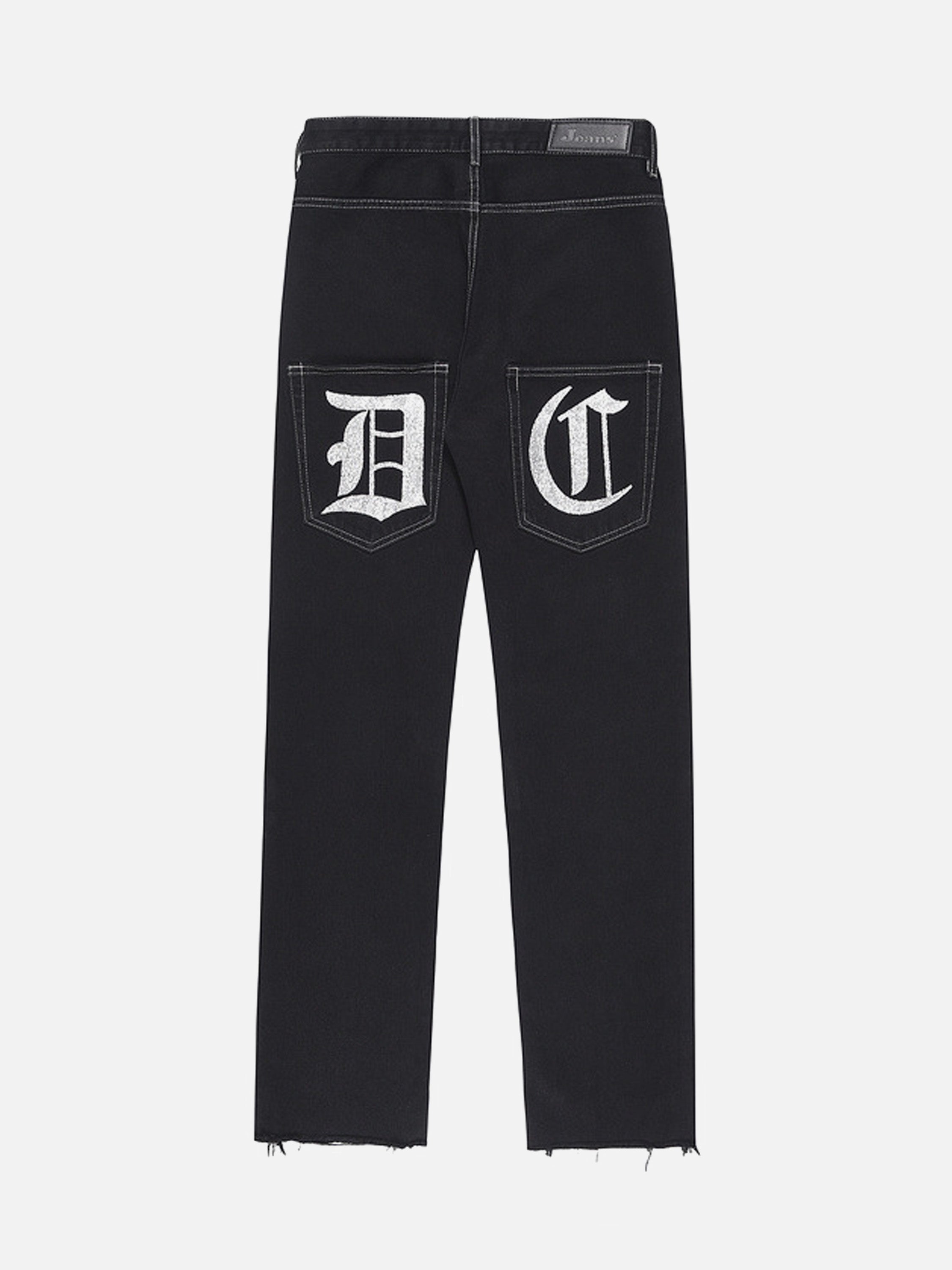 Pocket Letter Print Micro-stretch Frayed Straight-leg Jeans-xxchiefs