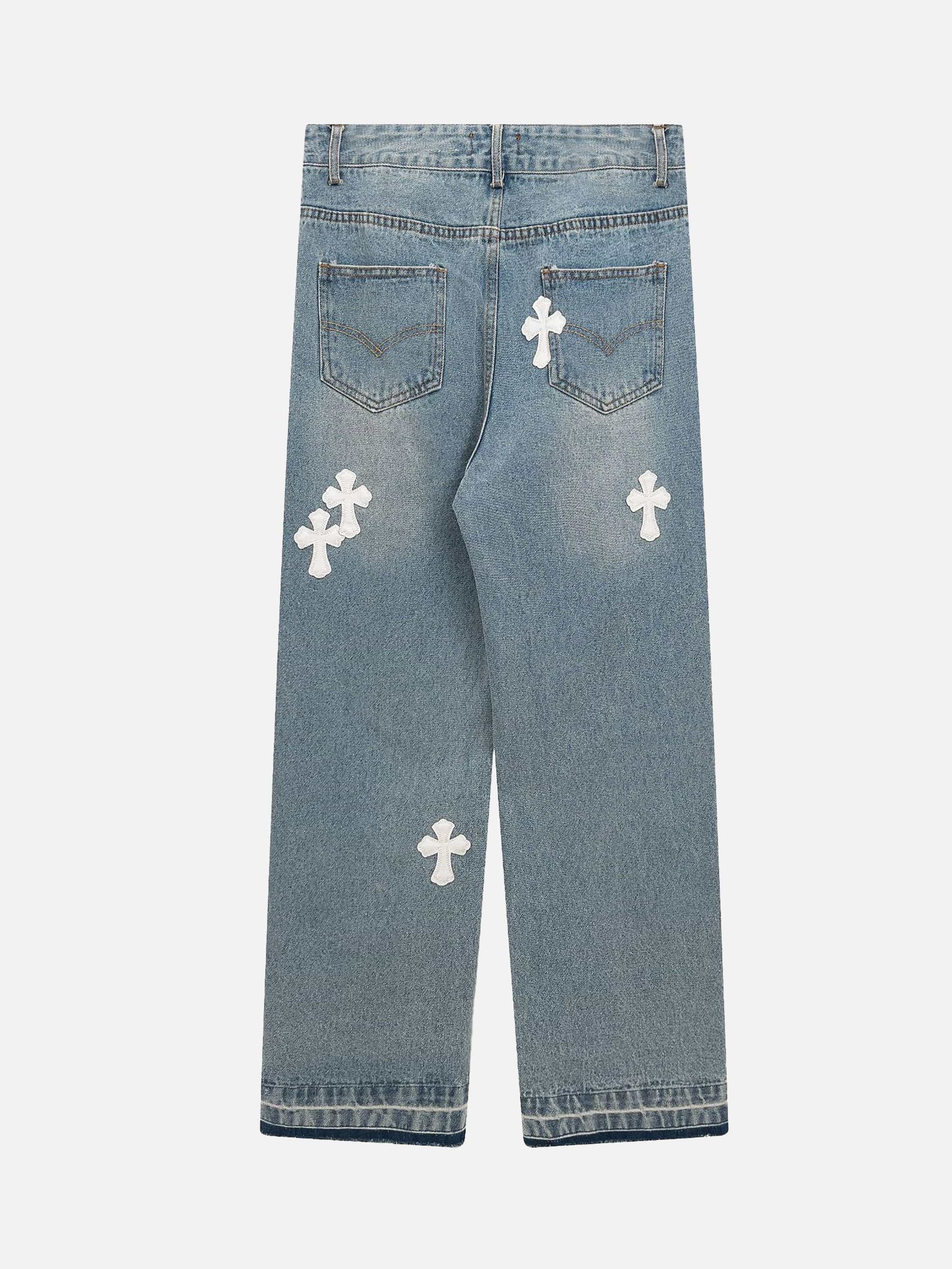 American Style Trendy Torn Cross Embroidered Loose Straight Jeans-xxchiefs