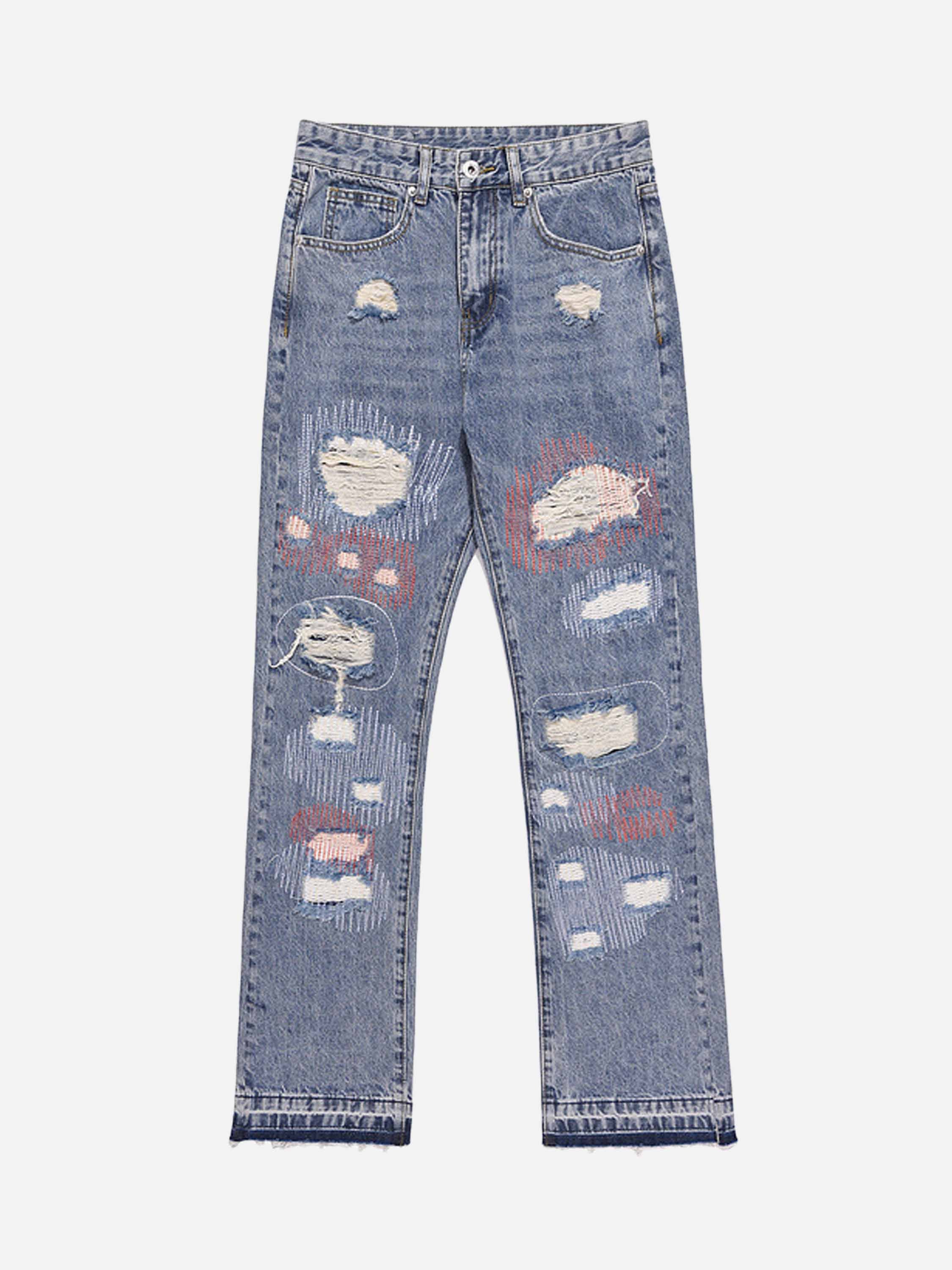 High Street Hole Patch Embroidery Straight Washed And Worn Cat Whiskers Casual Jeans-xxchiefs
