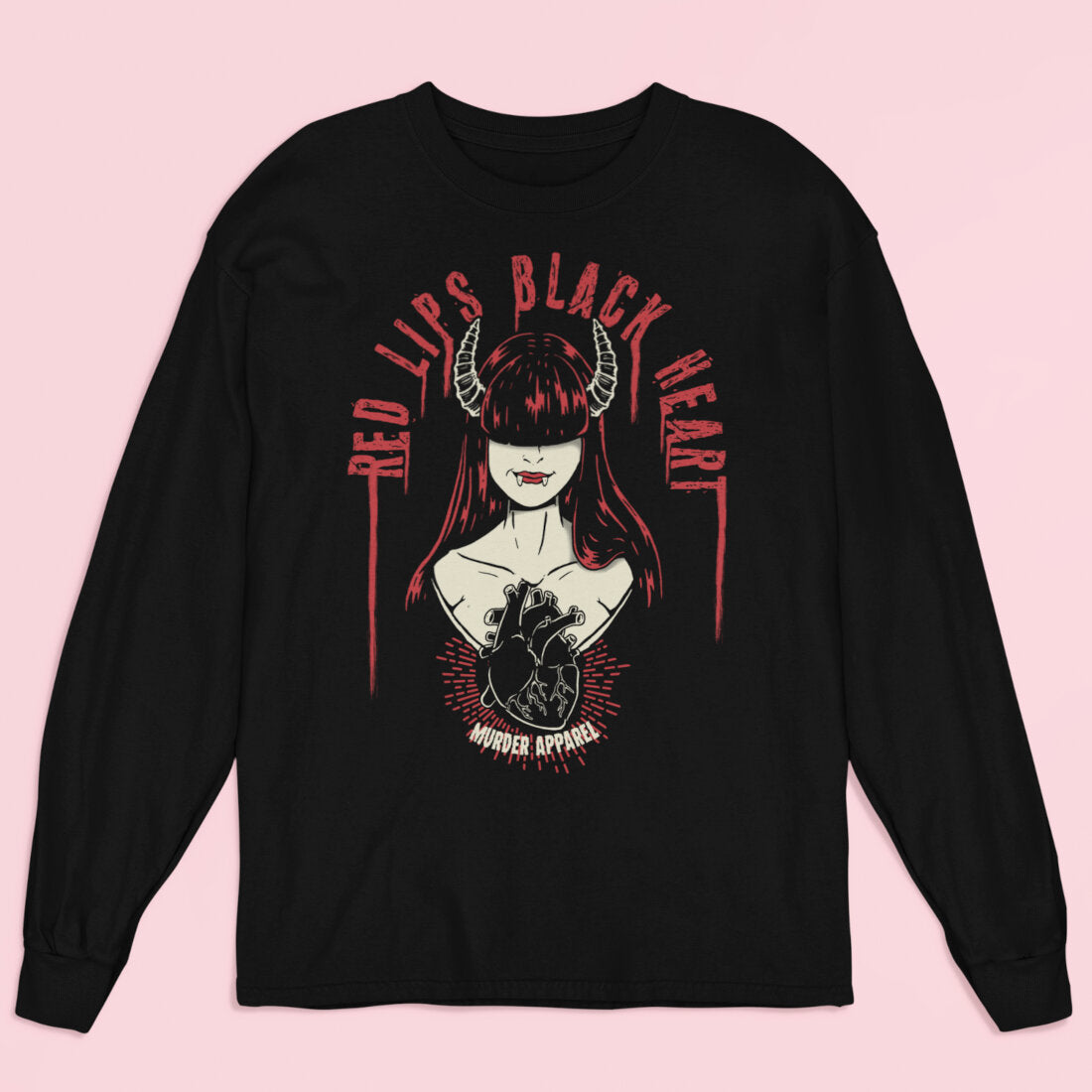 Red Lips Black Heart Long Sleeve Shirt-xxchiefs