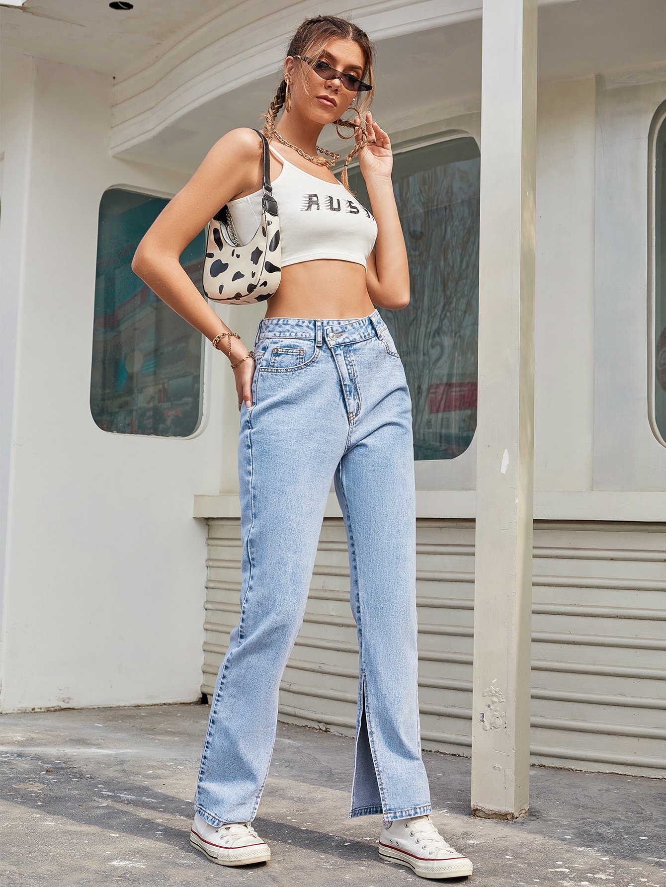Jeans de pierna recta bajo con abertura - cpbjh