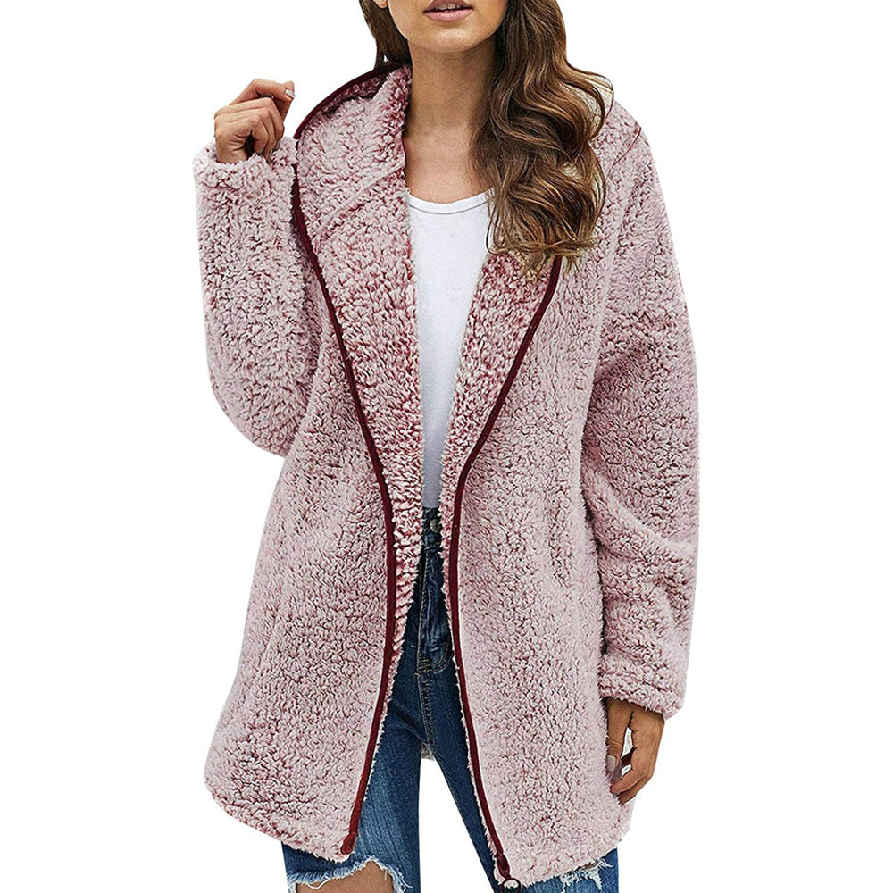 Women Hooded Cardigan Fuzzy Jacket Winter Open Front Fleece Coat Outwear