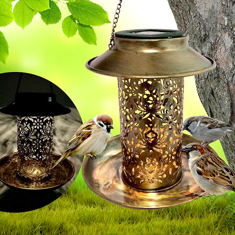 Solar Bird Feeder Light Hollow Copper Hanging Bird House with Light