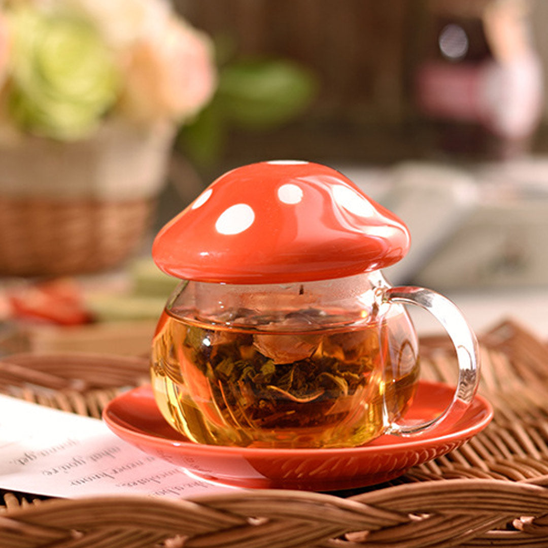 Mushroom Cup Cute Glass Tea Cup with Infuser And Lid Coasters 11oz