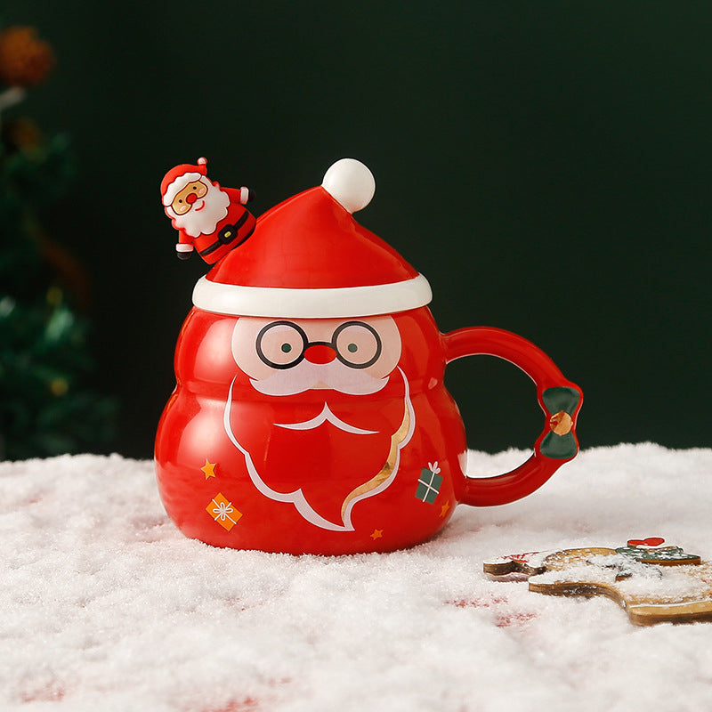 Cute Cartoon Snowman Claus Coffee Mugs with Cover Ceramic Cup Travel Cup 
