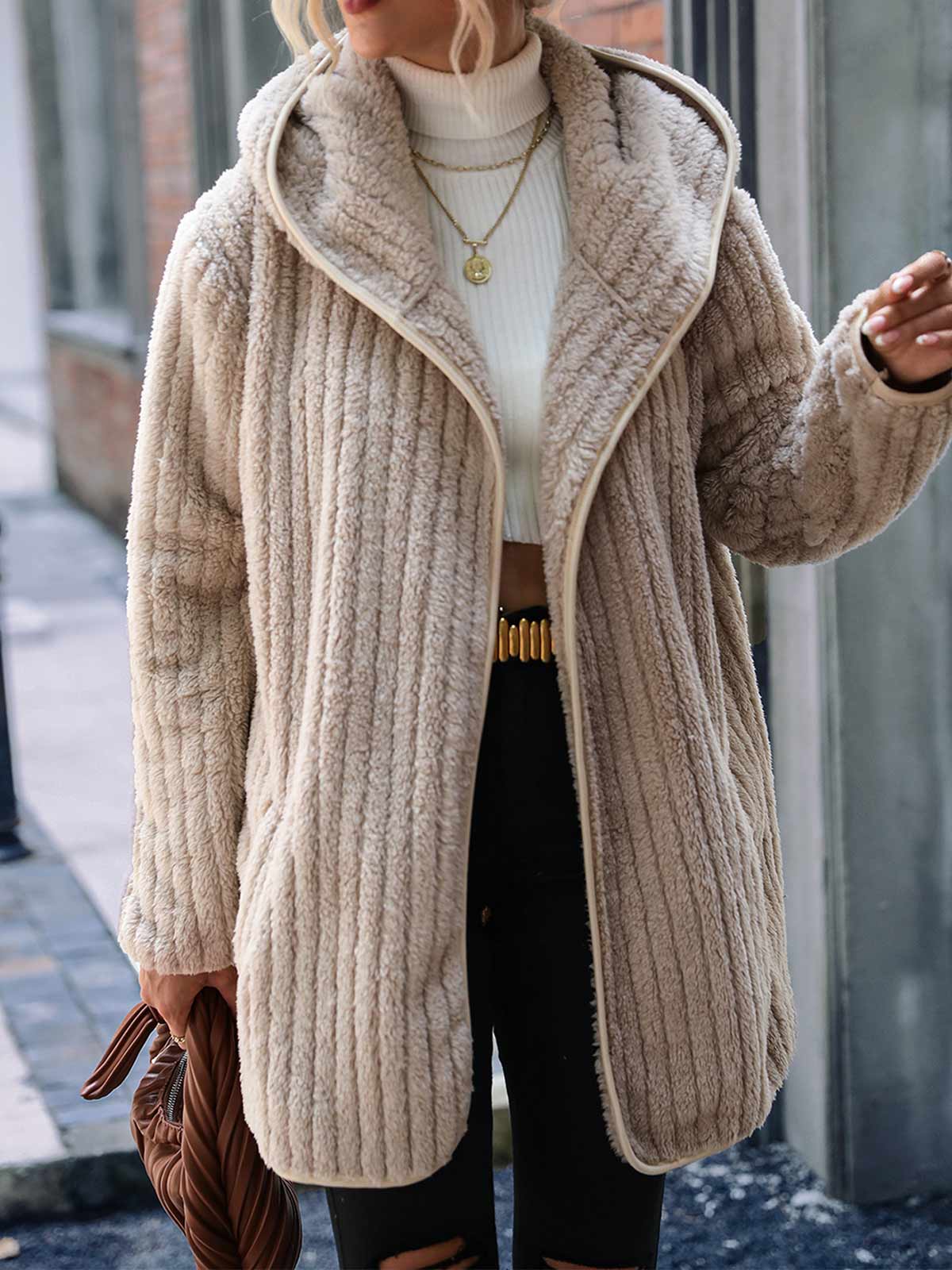 Women Winter Open Front Reversible Fleece Cardigan Warm Coat