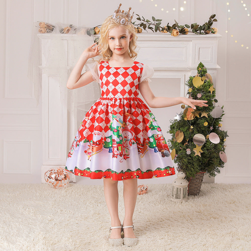 Girls Christmas Striped And Star Print Bow Front Party Dress