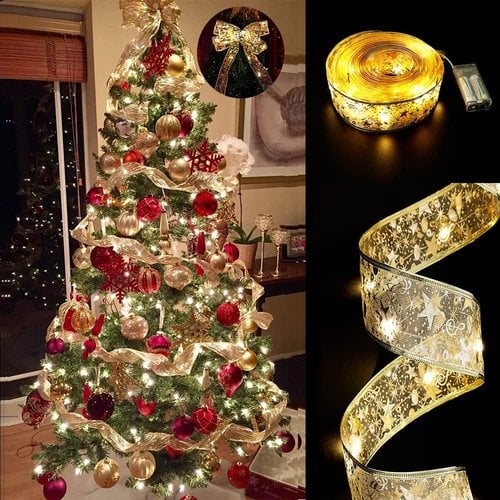  Layer Fairy Lights Strings Christmas Ribbon Bows With LED Christmas Tree Ornaments