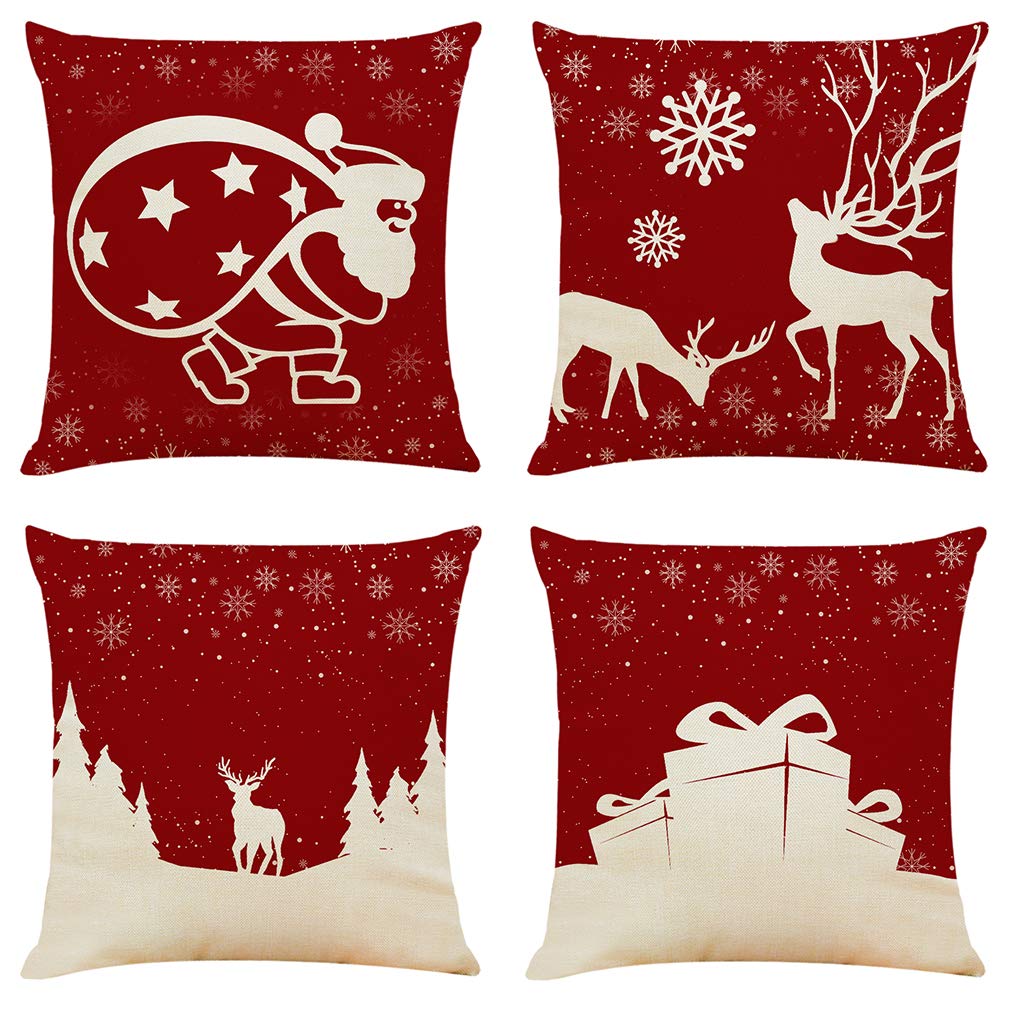4 Pcs 18 x 18 Inch Christmas Decor Pillowcase Sofa Pillowcase Cotton Linen Square Cushion Cover