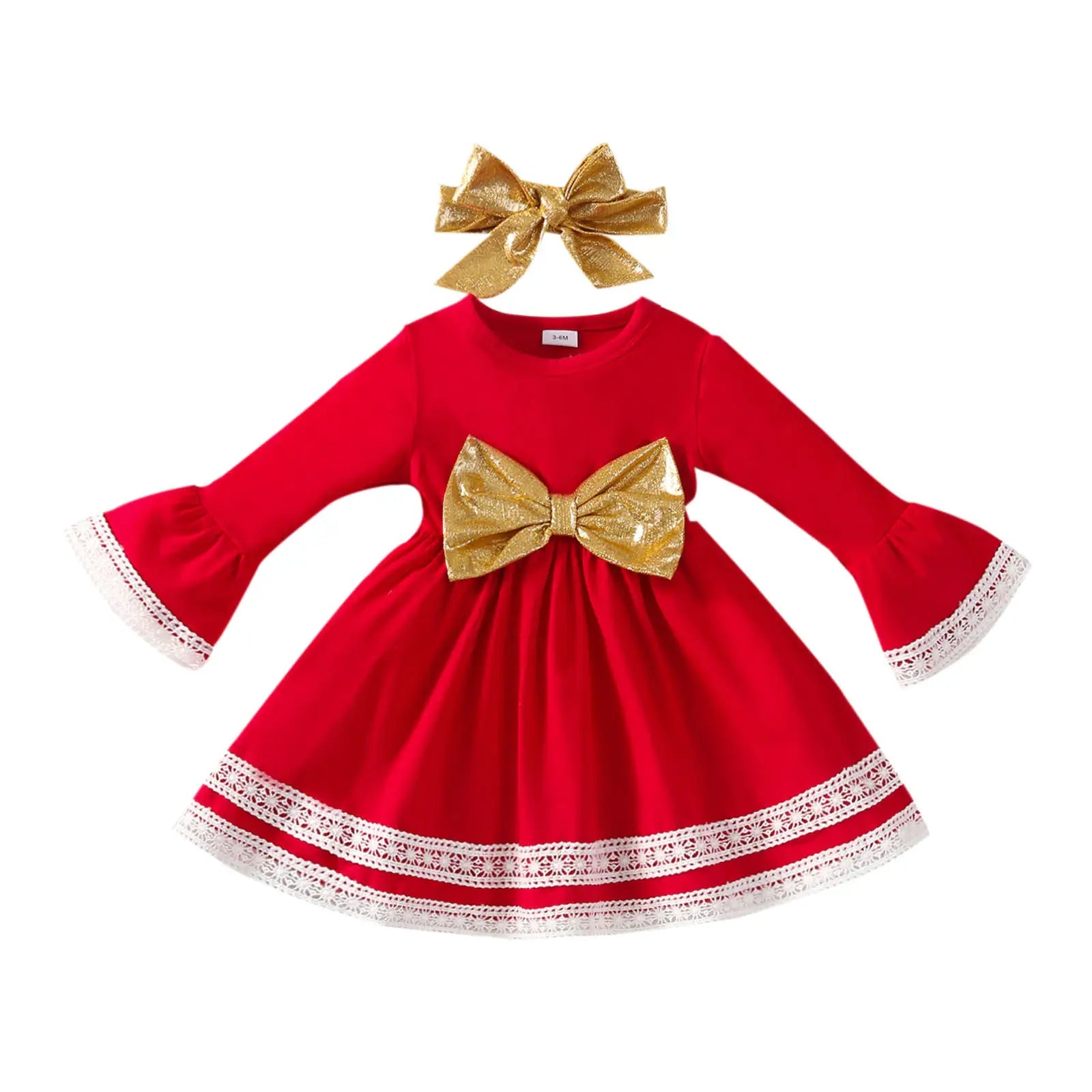 Red Christmas Dress For Baby Girls With Golden Bowknot And Headband