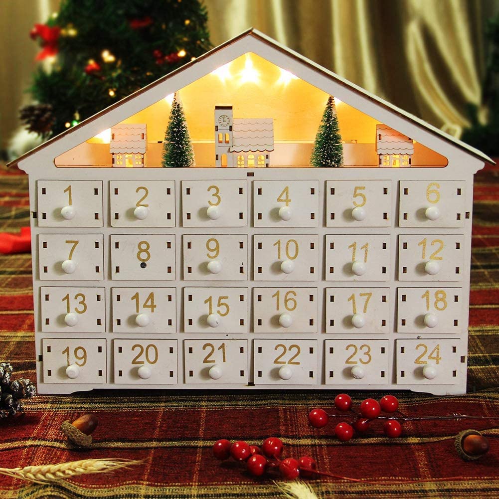 24 Day Advent Calendar with Christmas Tree House and LED Lights, Wooden Countdown Christmas Calendar
