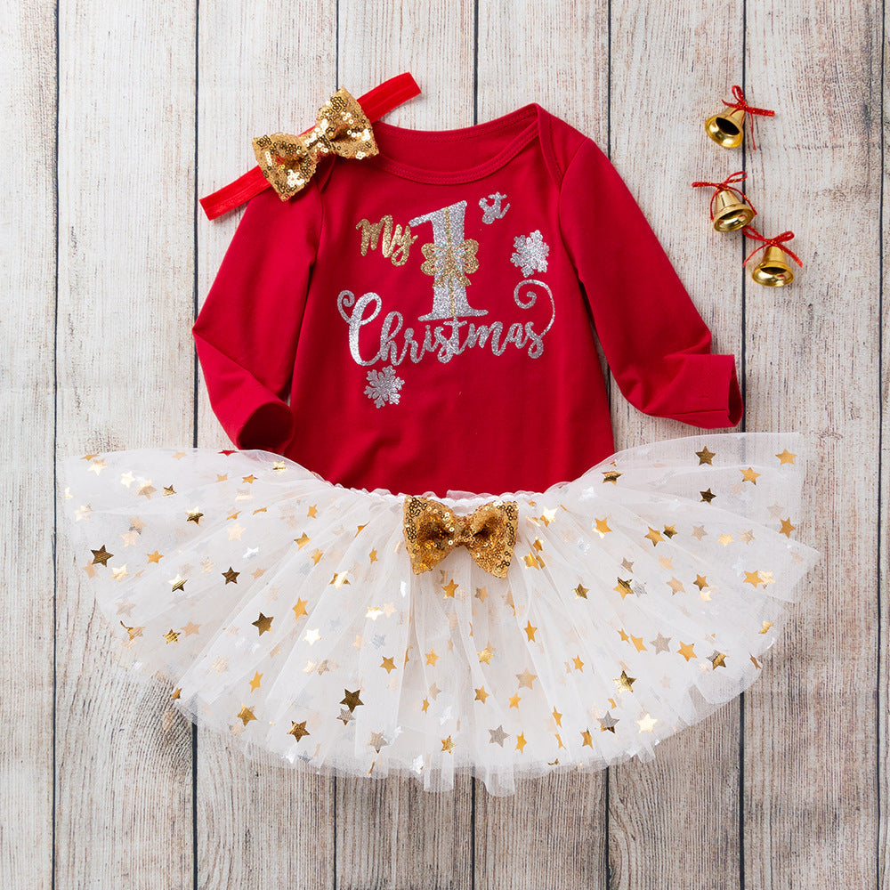 Baby Girl My First Christmas Outfit Red Long Sleeve Romper