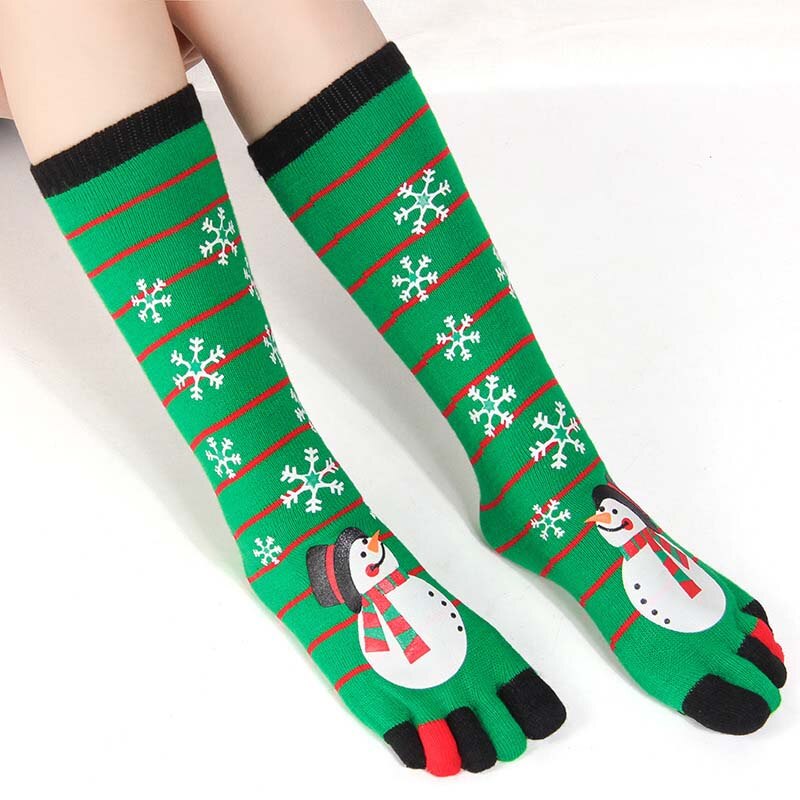 Cartoon Snowman Snowflakes Printed Toe Casual Christmas Five Fingers Socks