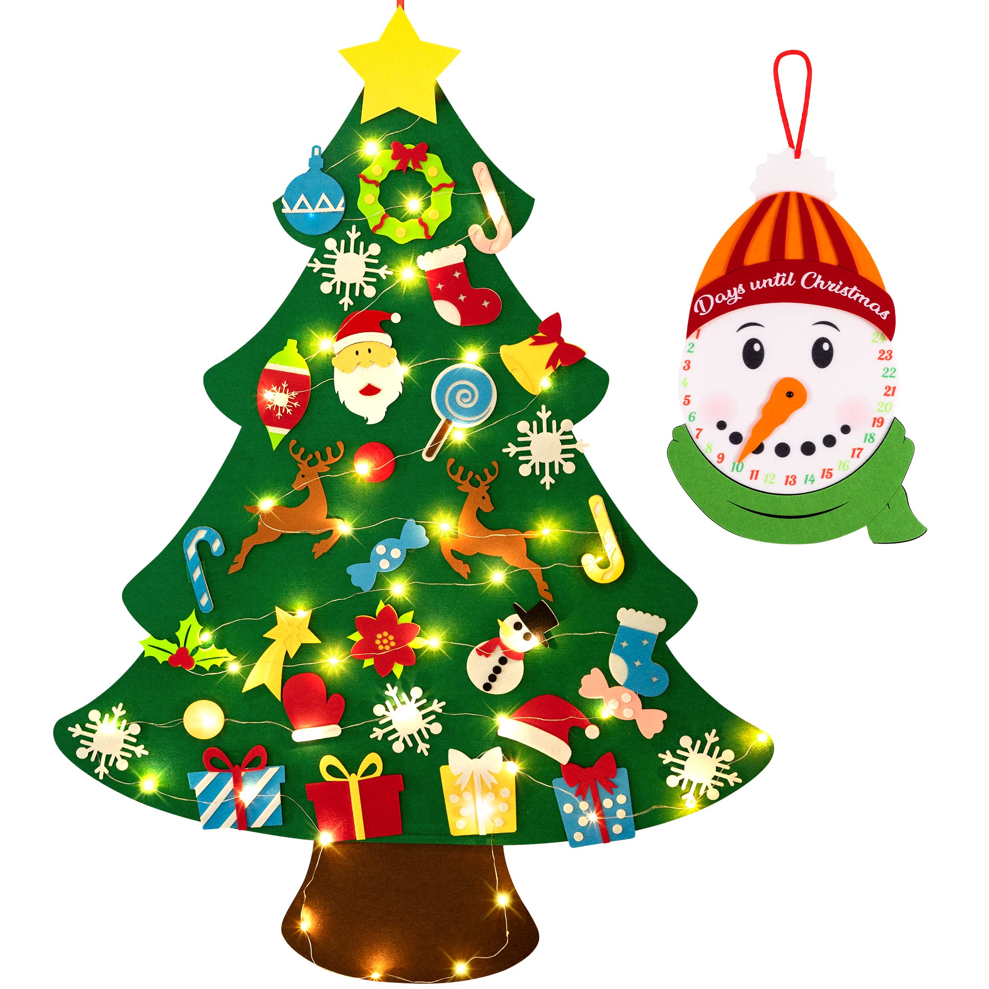 DIY Felt Christmas Tree Set - Christmas Decor Wall Hanging 33 Ornaments Kids Gifts with String Lights
