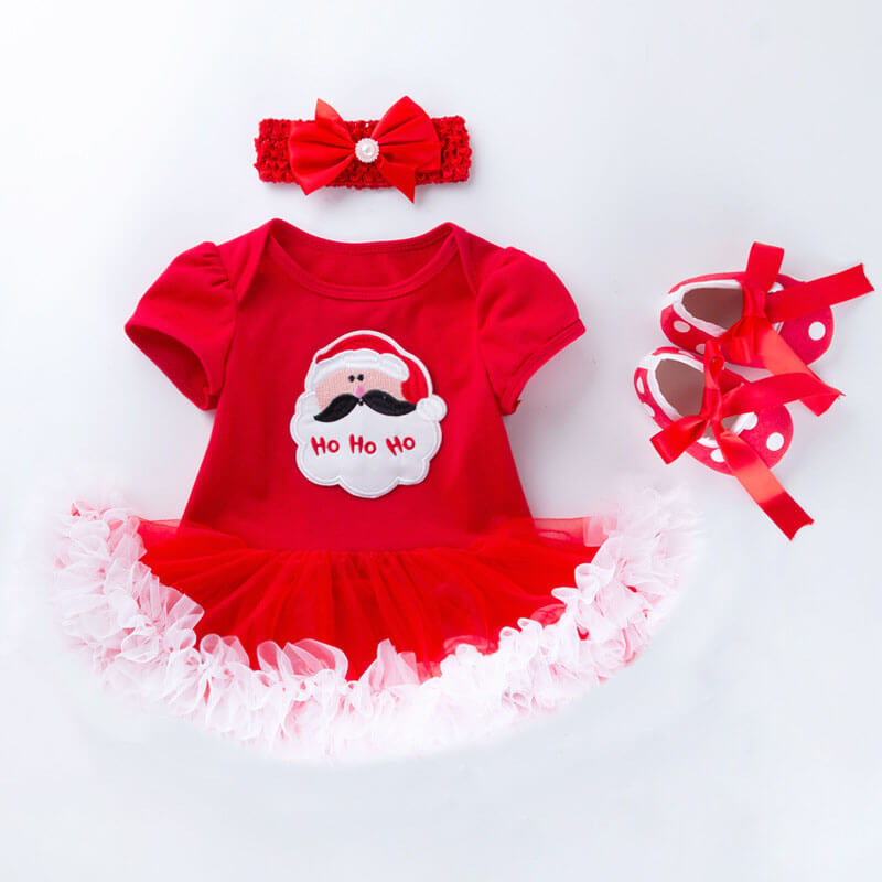 Santa Claus Xmas Tree Printed Baby Girls Christmas Dress Newborn Bodysuits