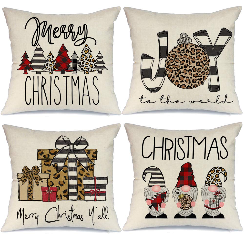 Christmas Pillowcase 18x18 4 Piece, Buffalo Plaid Christmas Ornament Sofa Cushion Cover