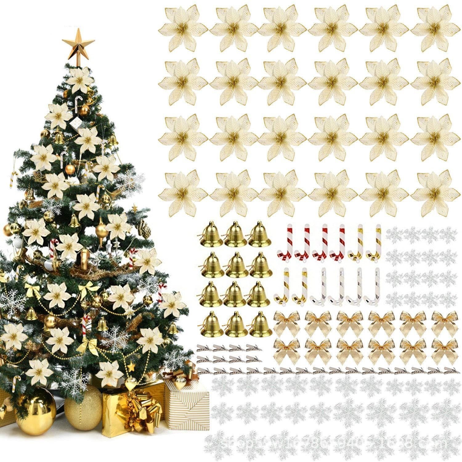 Christmas Tree Decoration Set Artificial Flower Bows Snowflakes Bell Canes 120pcs