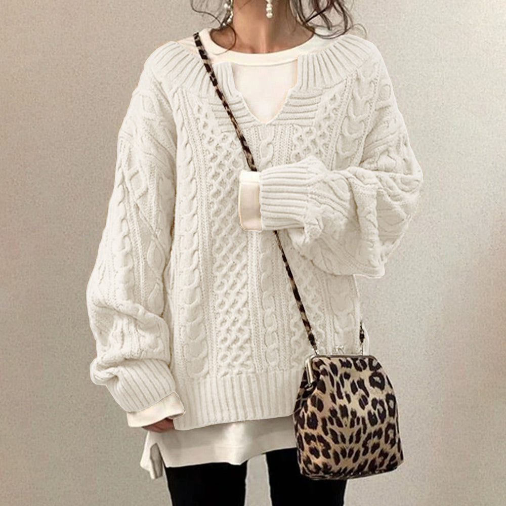 Women's Fashion Loose Twisted Rope Hollow Long Sleeve V-neck Sweater