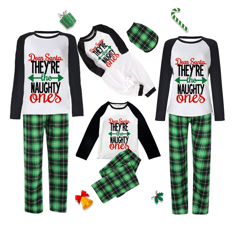  Christmas Family Matching Pajamas Sets Dear Santa Naughty Ones and Green Plaids Pants