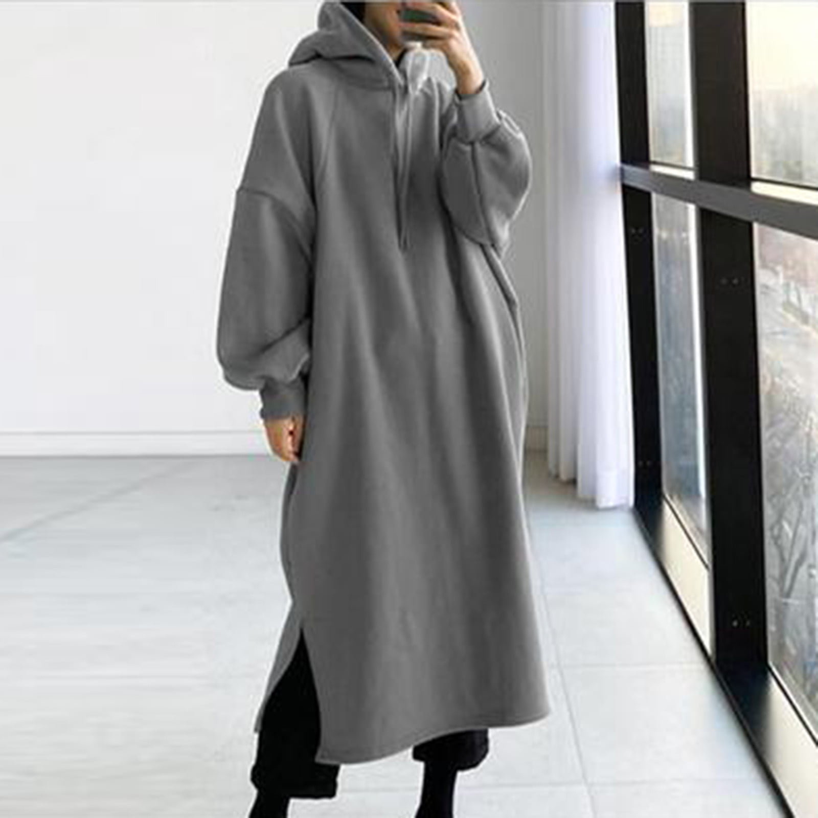Fashion Women Winter O-Neck Solid Loose Hooded Comfy Long Sleeve Dress