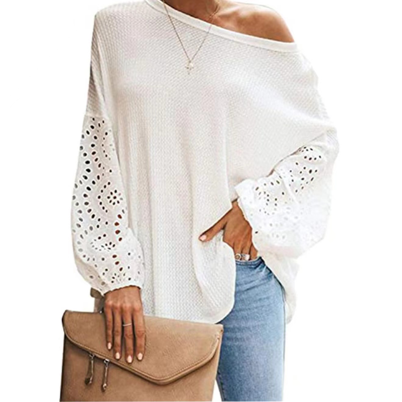 Off The Shoulder Waffle Knit Long Sleeve Pullover Tops Lantern Sleeves Oversized Shirt Blouse For Women