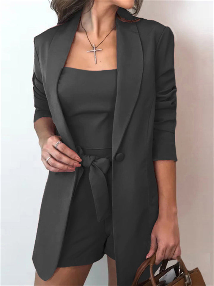 Three-Piece Set Of Solid Color Vest Suit Jacket And Fashionable High-Waist Shorts