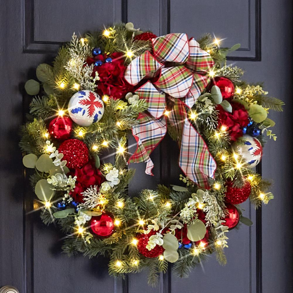 The Cordless Prelit Christmas Tartan Holiday Trim Outdoor Christmas Wreath With Lights