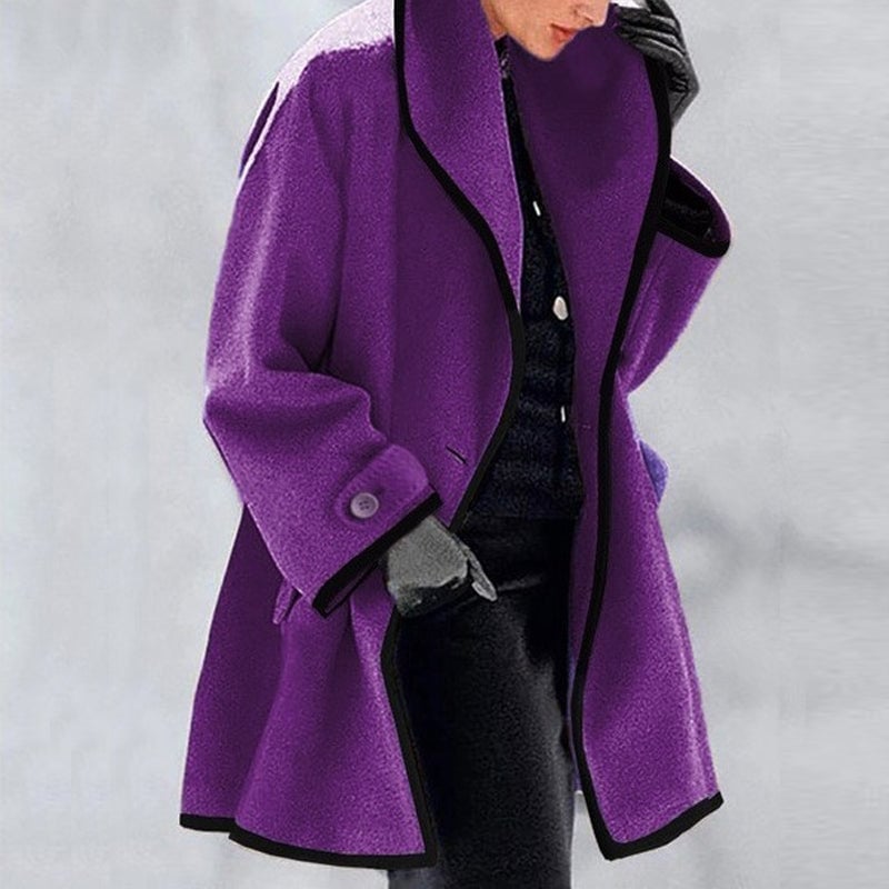 Ladies Hooded Woolen Coat Colorblock O-Neck Loose Winter Coat