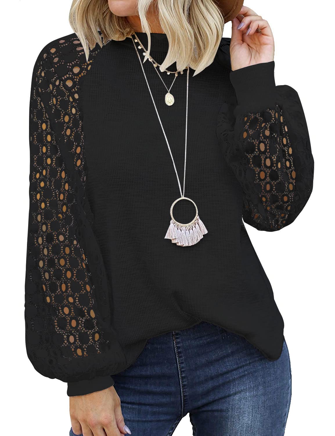Women Trendy Blouses Casual Loose Knit Tops Pullover Hollow-Out Lace Long Sleeve Shirts