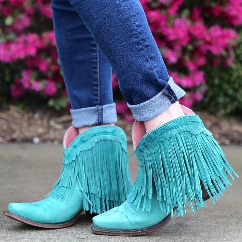 Women'S Fringe Ankle Casual Low Heel Boots 