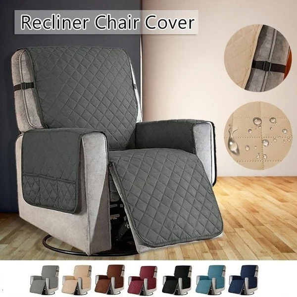 Quilted Reversible Box Cushion Recliner Slipcover With 6 Side Pockets And Strap