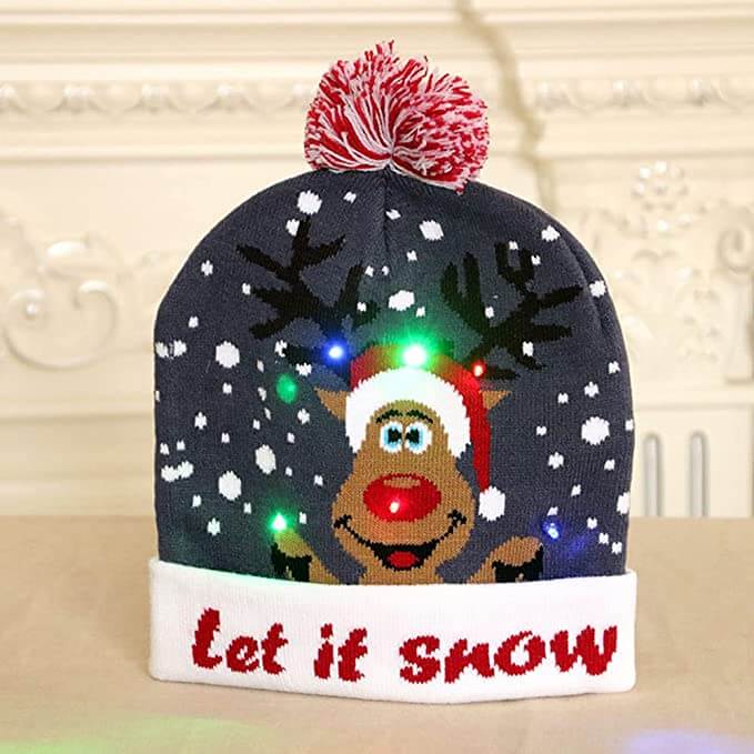 LED Christmas Hat Sweater Knitted Beanie Xmas Lights Gift Kids New Year Deco