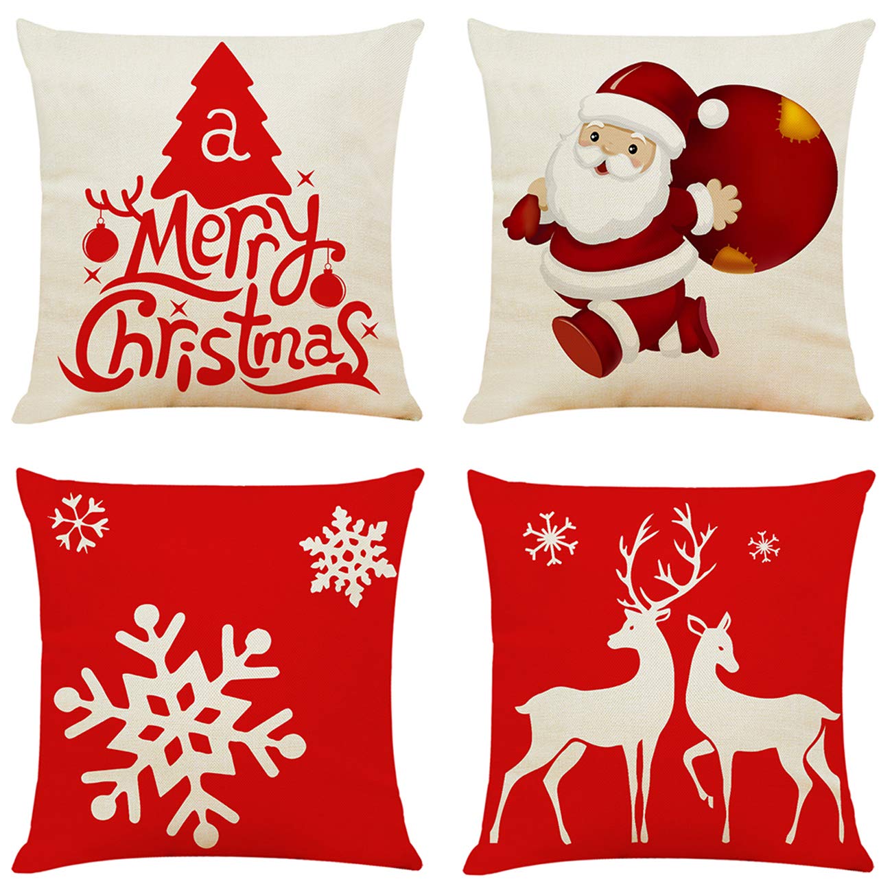 Pack of 4 18"x18" Christmas Decor Sofa Pillowcase Cotton Linen Square Cushion Cover
