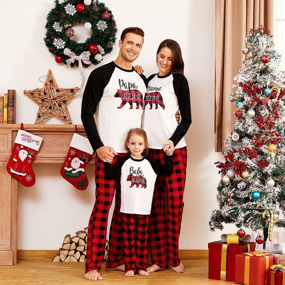 Matching Christmas Family Pajamas Set Polar Bear Printed Red Grid